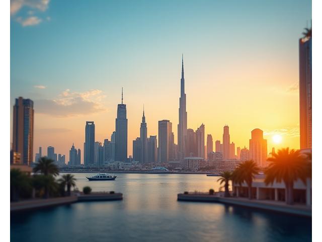 Modern Sharjah skyline with prominent cultural landmarks at sunset, symbolizing connectivity.
