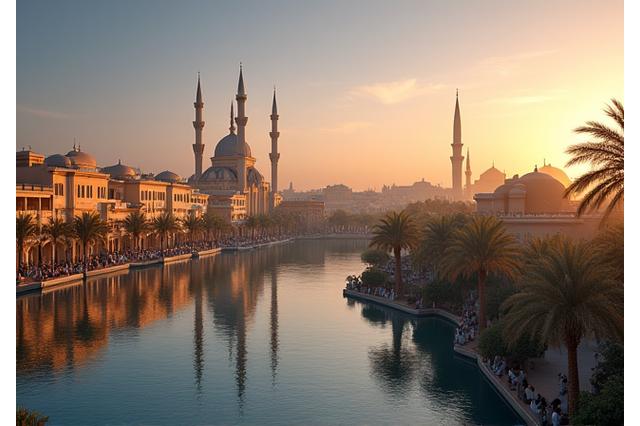 Panoramic view of the Heart of Sharjah with traditional architecture and a mosque
