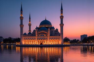 Al Noor Mosque at sunset by Khalid Lagoon