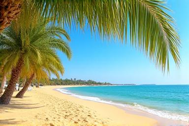 Scenic beach view with palm trees and calm waters