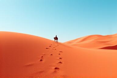 Red desert dunes with a camel in the background