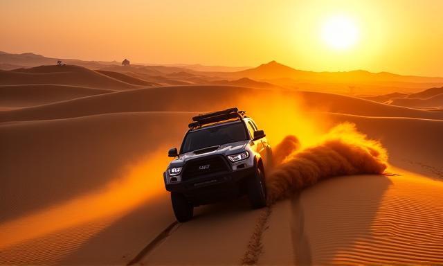 4x4 vehicle driving on desert dunes at sunset