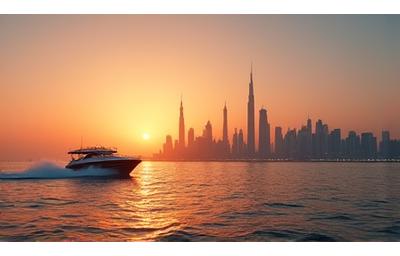 Sharjah skyline from the sea at sunset