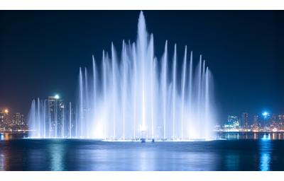 Khalid Lagoon Fountain lit up at night
