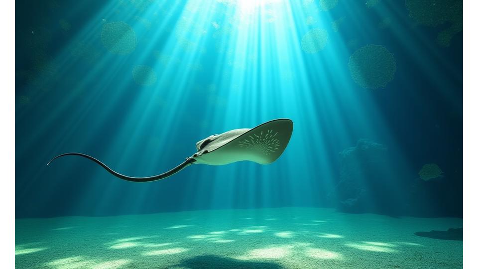 Stingray swimming gracefully in a vibrant aquarium with subtle Arabic geometric patterns overlaid, symbolizing Sharjah's blend of modernity and tradition.