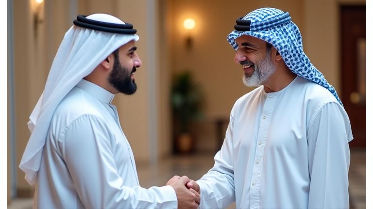 Two men shaking hands in traditional Arabic attire, symbolizing respect and warm greetings in Sharjah.