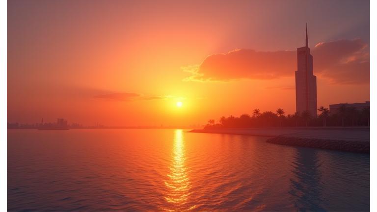 A beautiful sunset over the Sharjah coastline, with warm colors, symbolizing the pleasant climate during the best time to visit.