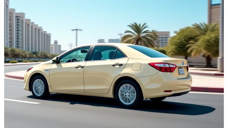 A modern cream-colored taxi in Sharjah driving on a clean city street, representing local transportation options.